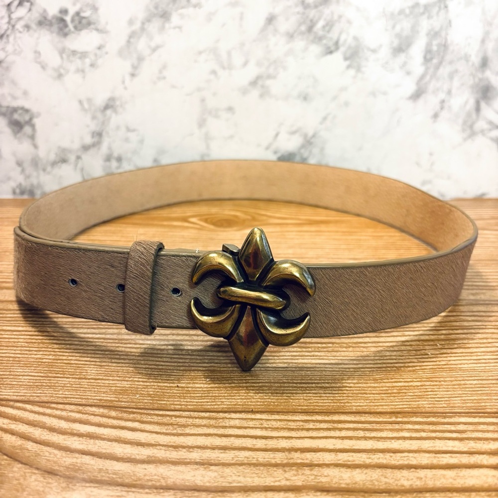 ABS Allen Schwartz Genuine Calf Hair Leather Belt with Fleur-De-Lis Buckle
